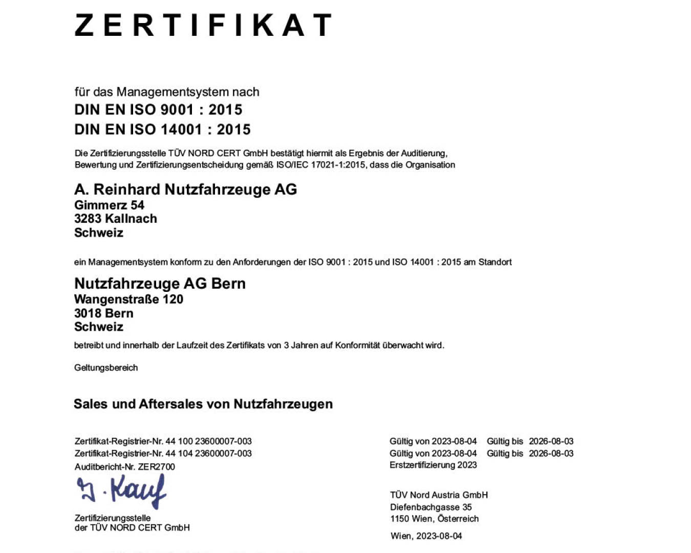 Vorschaubild der ISO Zertifikate der Nutzfahrzeuge AG Bern.